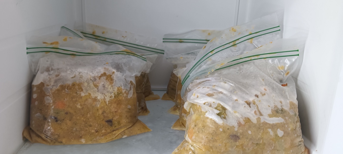 The week's batch, portioned and frozen.
